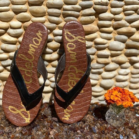🩴Sam Edelman Tanya Faux Patent Leather Cork Wedge Flip Flops Black 7.5M ECU - Picture 1 of 8